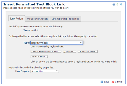 Insert Formatted Text Block Link window